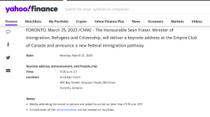 Sean Fraser to Announce a new Permanent Residency (PR) Pathway on March 27